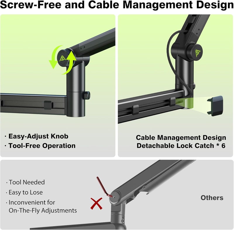 AA AUDIO ACCESSORY Low Profile Boom Arm (Design for Heavy Mic) 6.6lbs Load Capacity, Stable Gear Lock Structure Never Sags, Metal Microphone Stand Desk Mount for Shure SM7B MV7+, Blue Yeti,Rode PodMic - Image 5